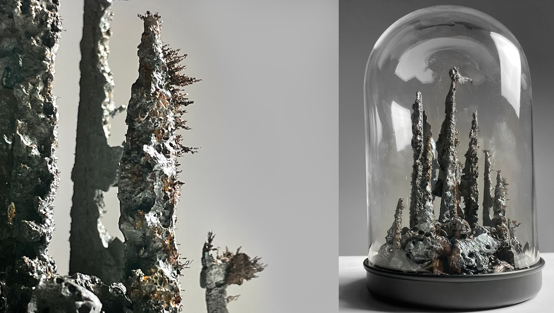 cheryl chiw microverse minutiae sculpture neodymum magnet iron oxide steel fragment glass cloche